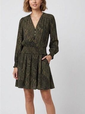 Rails Olive Green Printed V-Neck Smocked Waist Mini Dress